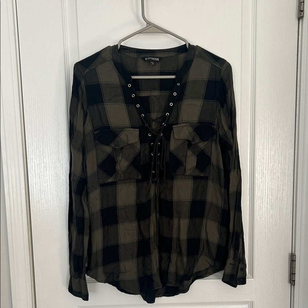 Express Black and Olive Plaid Blouse